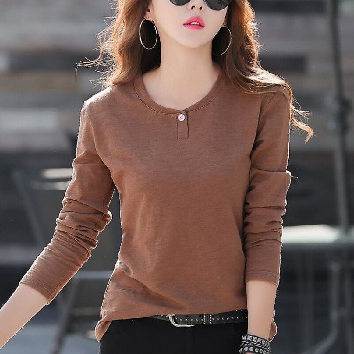 Korean New Plus Size Women'S Long-Sleeved T-Shirt Women'S Solid Color Base Shirt Purple Green Brown Black White - Image 1