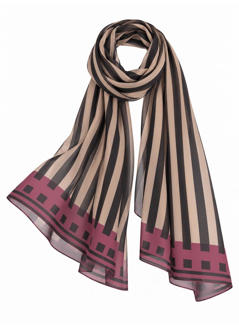 Amnad International Black & Beige Striped Silk  Abaya Set – Purple Border Detail with Matching Chiffon Hijab, 52–60 Inches - Image 5