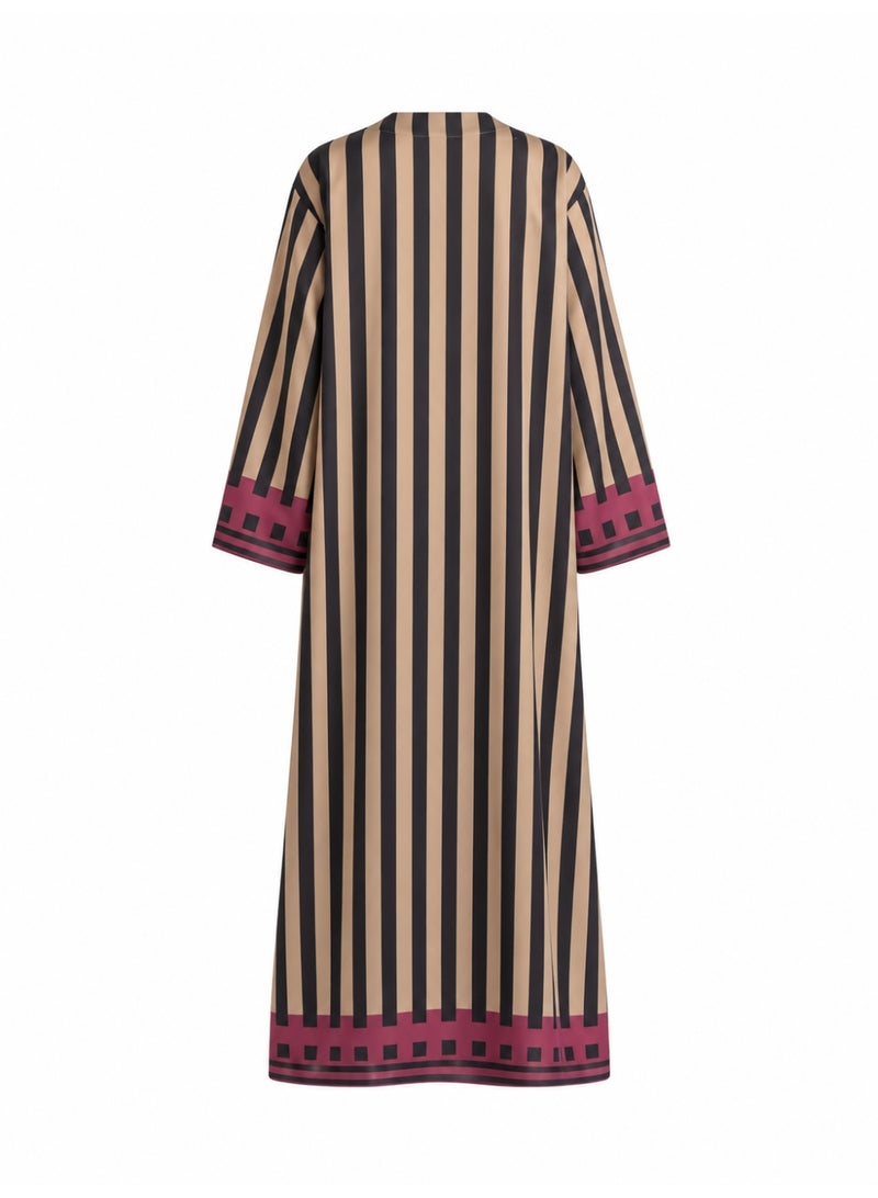 Amnad International Black & Beige Striped Silk  Abaya Set – Purple Border Detail with Matching Chiffon Hijab, 52–60 Inches - Image 2