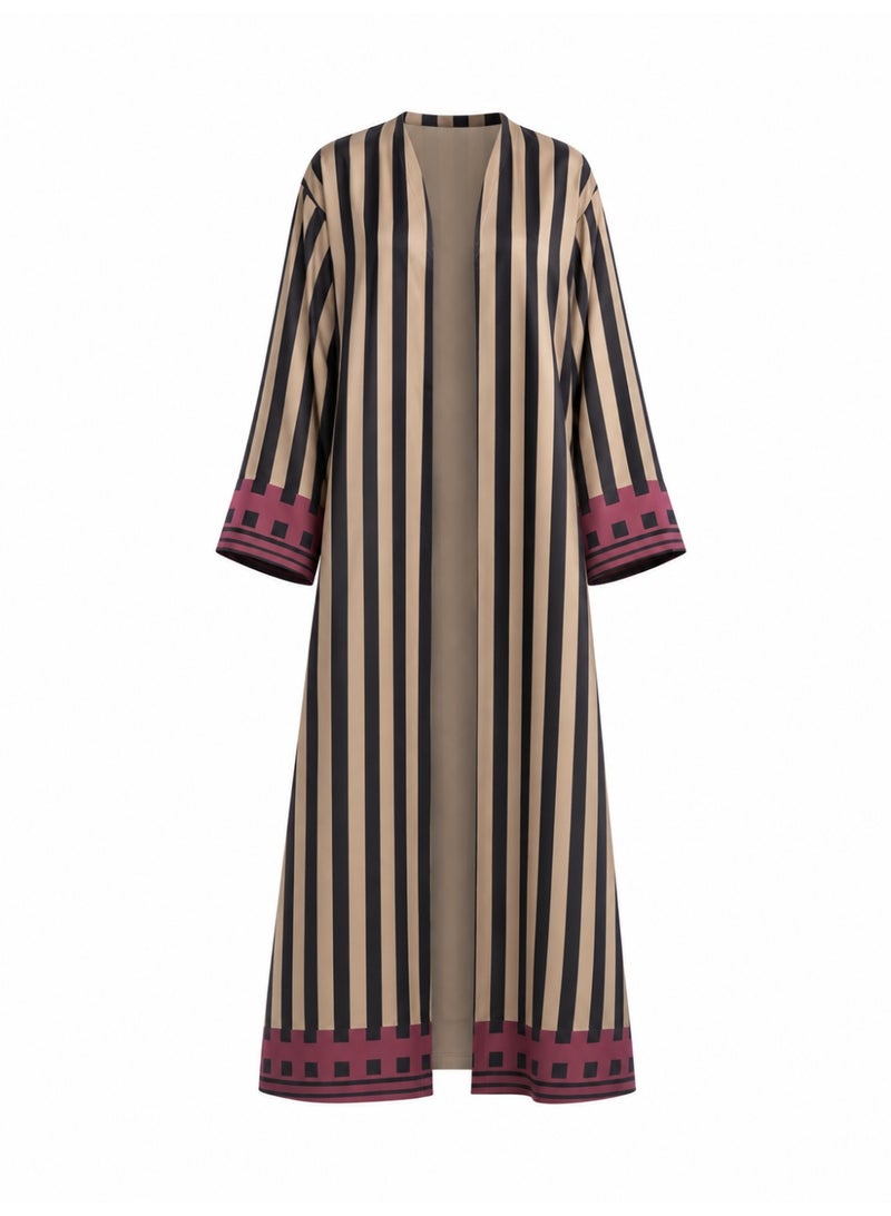 Amnad International Black & Beige Striped Silk  Abaya Set – Purple Border Detail with Matching Chiffon Hijab, 52–60 Inches - Image 3