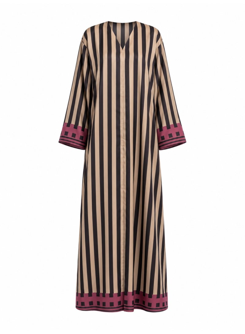 Amnad International Black & Beige Striped Silk  Abaya Set – Purple Border Detail with Matching Chiffon Hijab, 52–60 Inches - Image 1