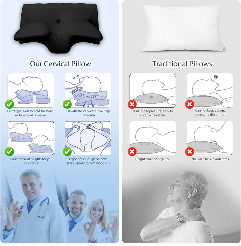BEDCOOL Cervical Neck Pillow for Pain Relief,Ergonomic Contour Memory Foam Pillows for Sleeping,Cooling odorless Neck Support Pillow for Side Back Stomach Sleeper,with Washable Pillowcase,Black - Image 2