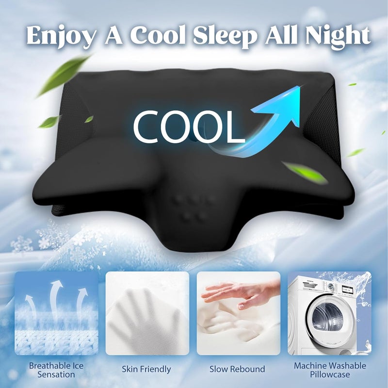 BEDCOOL Cervical Neck Pillow for Pain Relief,Ergonomic Contour Memory Foam Pillows for Sleeping,Cooling odorless Neck Support Pillow for Side Back Stomach Sleeper,with Washable Pillowcase,Black - Image 3