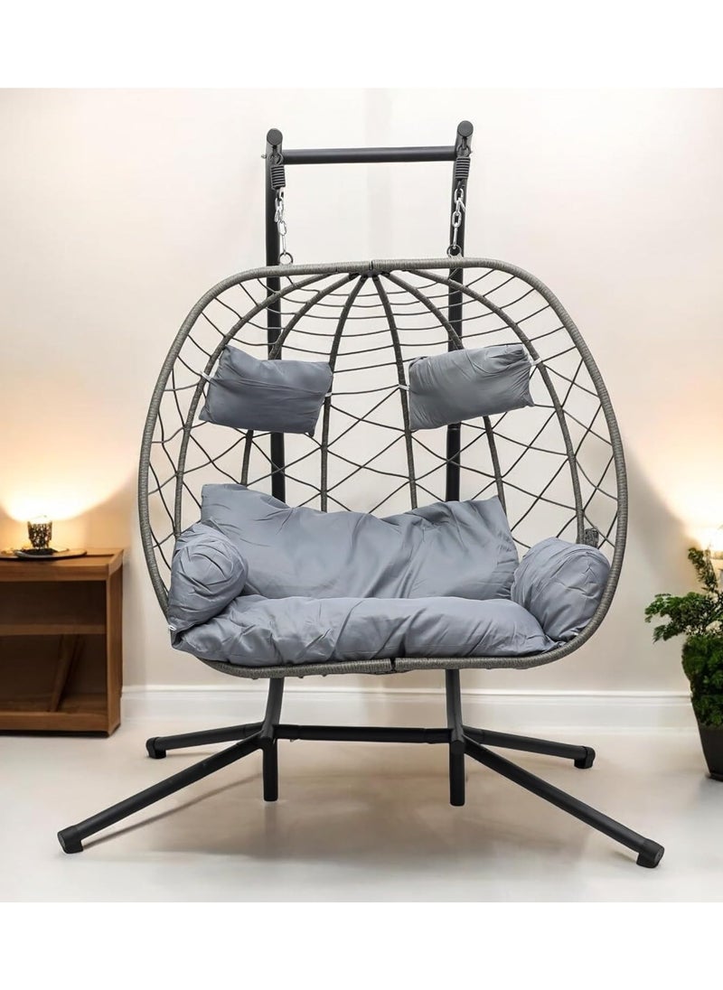 KARNAK Foldable 2-Person Double Egg Swing Chawith Stand – Wicker Rattan Hanging Chair with Random Cushion & Pillow  - Image 1