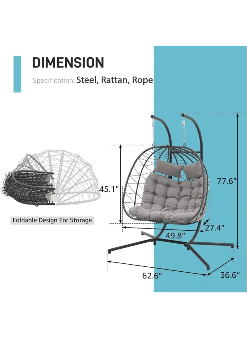 KARNAK Foldable 2-Person Double Egg Swing Chawith Stand – Wicker Rattan Hanging Chair with Random Cushion & Pillow  - Image 4