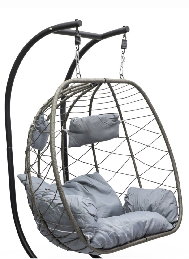 KARNAK Foldable 2-Person Double Egg Swing Chawith Stand – Wicker Rattan Hanging Chair with Random Cushion & Pillow  - Image 3