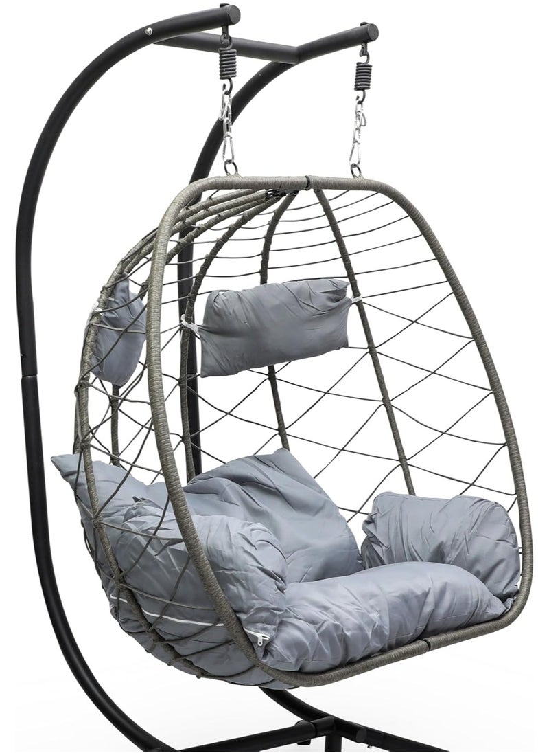 KARNAK Foldable 2-Person Double Egg Swing Chawith Stand – Wicker Rattan Hanging Chair with Random Cushion & Pillow  - Image 5