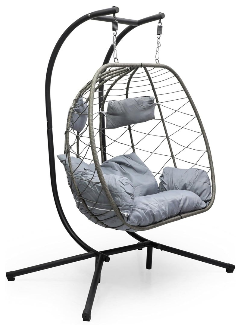 Foldable 2-Person Double Egg Swing Chawith Stand – Wicker Rattan Hanging Chair with Random Cushion & Pillow
