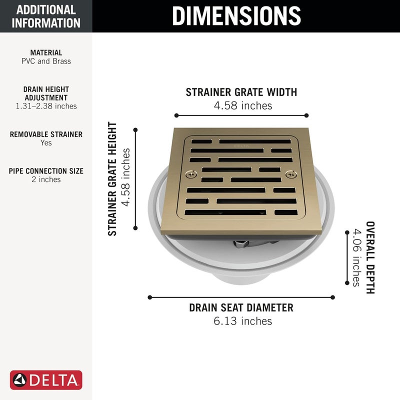 Delta Faucet 4 Inch Tile-In Square Shower Floor Drain Gold, Shower Drain Kit, Square Shower Drain, Chrome Shower Drain, Shower Floor Drain, Champagne Gold DT062412-CZ - Image 3