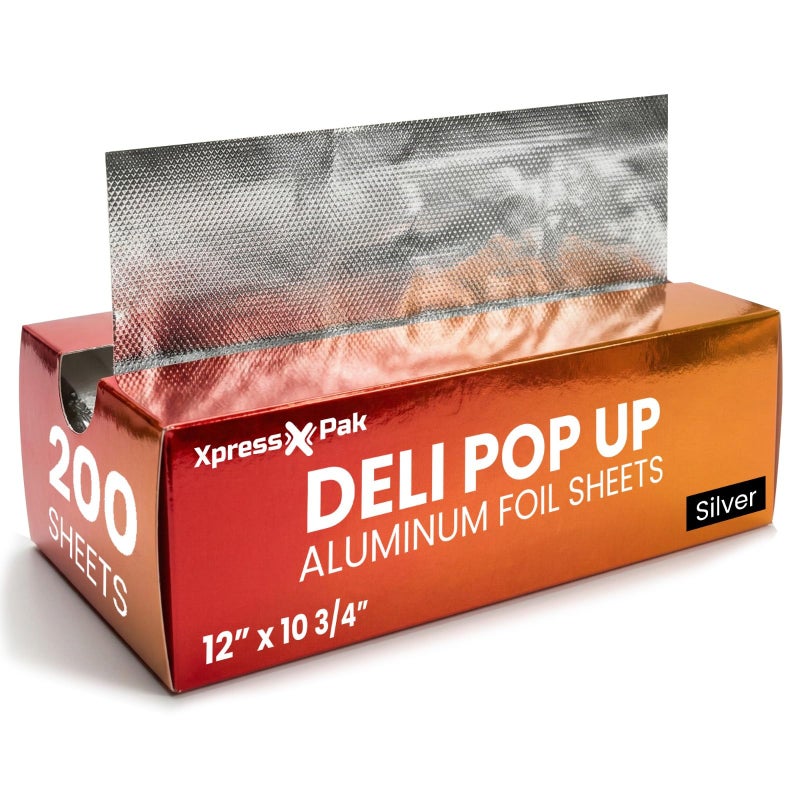 XpressPak Aluminum Foil Sheets for Food - 200 Count Pre-Cut - 12â€ Pop Up Foil Sheets for Restaurant, Home, Sandwich or Hot Dog Tin Foil Disposable Sheets - Image 1