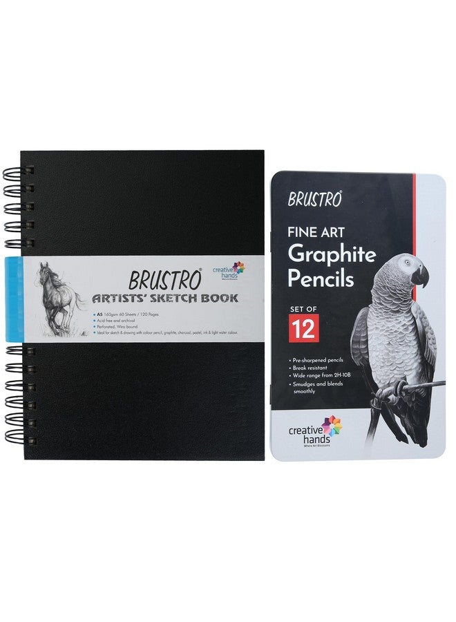 BRUSTRO Artists Fineart Graphite Pencils |Set of 12 (10B-2H) with Wiro Bound A5 Artists Sketch Book |120 Pages, 160 GSM| Lightweight, Ideal for Fine Art Students Drawing,Sketching,Mandala Art - Image 1