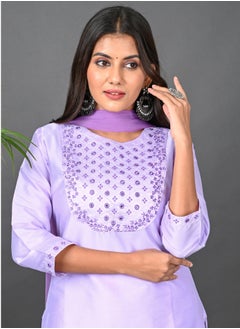 Riara Riara Embroidery Women Kurti With Pant And Dupatta Lavender Round Neck 2XL  - Image 3
