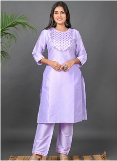 Riara Riara Embroidery Women Kurti With Pant And Dupatta Lavender Round Neck 2XL  - Image 4
