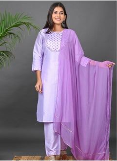 Riara Riara Embroidery Women Kurti With Pant And Dupatta Lavender Round Neck 2XL  - Image 1