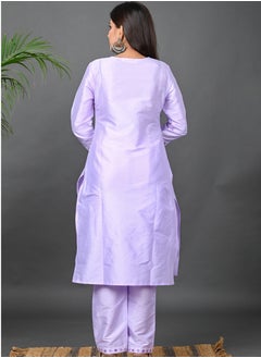 Riara Riara Embroidery Women Kurti With Pant And Dupatta Lavender Round Neck 2XL  - Image 5