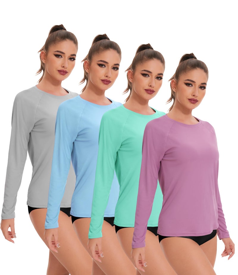 Kinglaman 4 Pack Rash Guard for Women UPF 50+ SPF UV Sun Protection Long Sleeve Swim Shirt Workout Hiking Tops 1 Gray 1 Blue 1 Green 1 Pink X-Large - Image 1