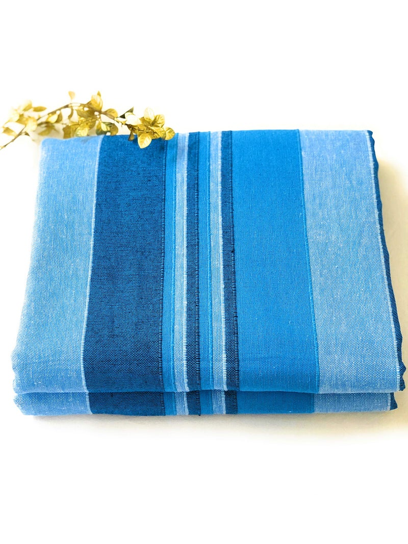 RANGBHAR Handloom Cotton Double Bedsheet Without Pillow Covers, Woven Striped Bedcover, 90 x 100 inch, Blue,225 TC - Image 1