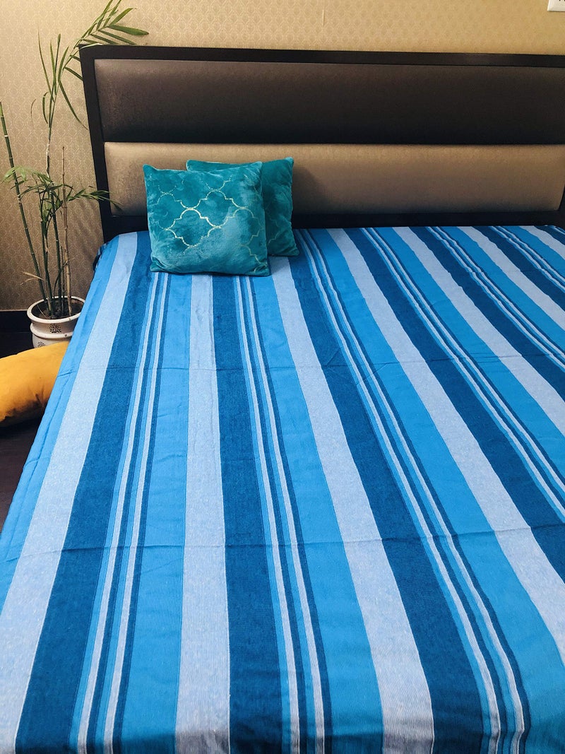 RANGBHAR Handloom Cotton Double Bedsheet Without Pillow Covers, Woven Striped Bedcover, 90 x 100 inch, Blue,225 TC - Image 3