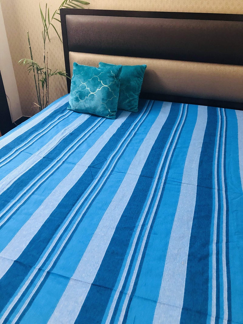 RANGBHAR Handloom Cotton Double Bedsheet Without Pillow Covers, Woven Striped Bedcover, 90 x 100 inch, Blue,225 TC - Image 2