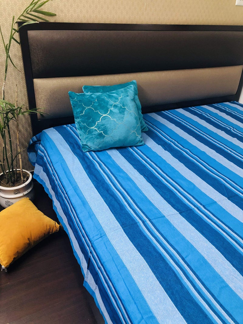 RANGBHAR Handloom Cotton Double Bedsheet Without Pillow Covers, Woven Striped Bedcover, 90 x 100 inch, Blue,225 TC - Image 4