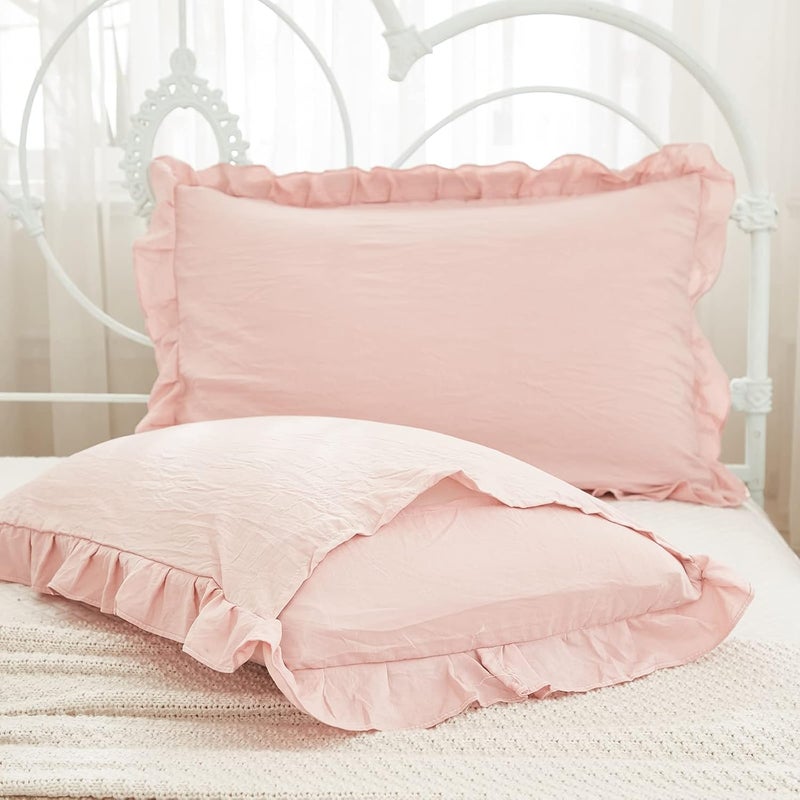 Merryword Pink Pillowcases King Pillowcases Ruffled Pillow Shams Set of 2 Cute Pillowcases Solid Ruffled Fringe Design Baby Pink Shabby Chic Pillowcases 2 Pack (King (20''x36''), Pink) - Image 4