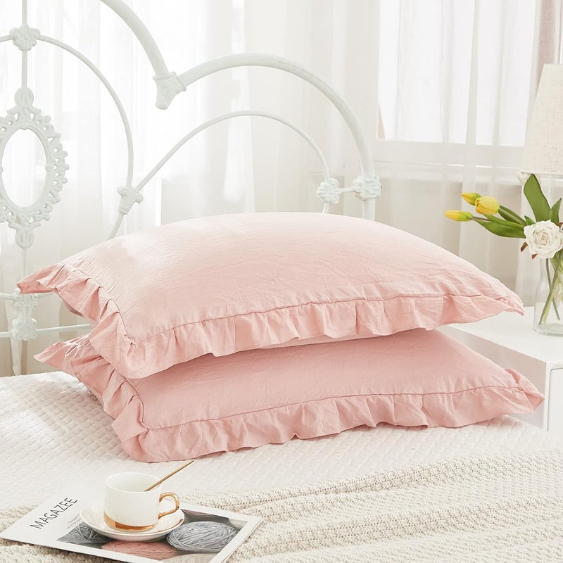 Merryword Pink Pillowcases King Pillowcases Ruffled Pillow Shams Set of 2 Cute Pillowcases Solid Ruffled Fringe Design Baby Pink Shabby Chic Pillowcases 2 Pack (King (20''x36''), Pink) - Image 2
