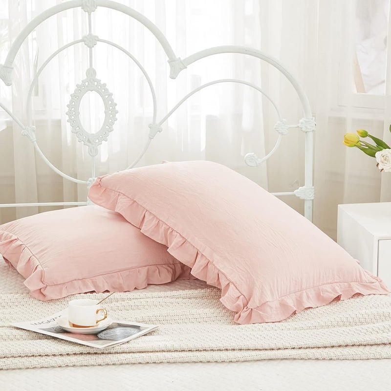 Merryword Pink Pillowcases King Pillowcases Ruffled Pillow Shams Set of 2 Cute Pillowcases Solid Ruffled Fringe Design Baby Pink Shabby Chic Pillowcases 2 Pack (King (20''x36''), Pink) - Image 3