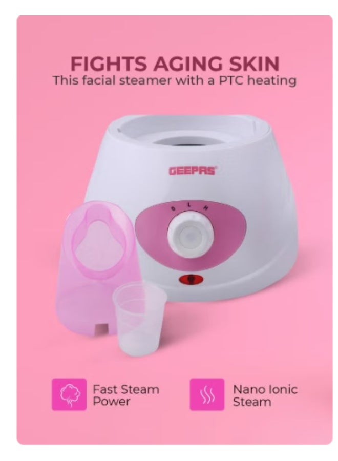 GEEPAS Facial Steamer, 40ml Capacity, 2 Speed, GFS8701, Includes 1pc Face Mask, Nose Mask, Measuring Cup, Steamer for Face, Nose, Cold, Etc Pink/White - Image 2