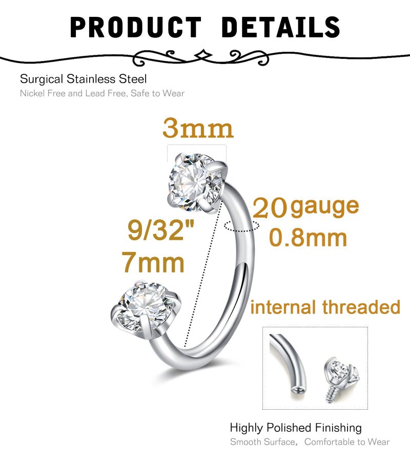 MODRSA 20g Horseshoe Nose Ring Hoop 20 gauge Double Gem Horse Shoe Nose Rings for Women Surgical Steel Half Hoop C U Shape Small Thin Tragus Earring Helix Piercing Jewelry Septum Rings 20g 7mm 2pcs - Image 2
