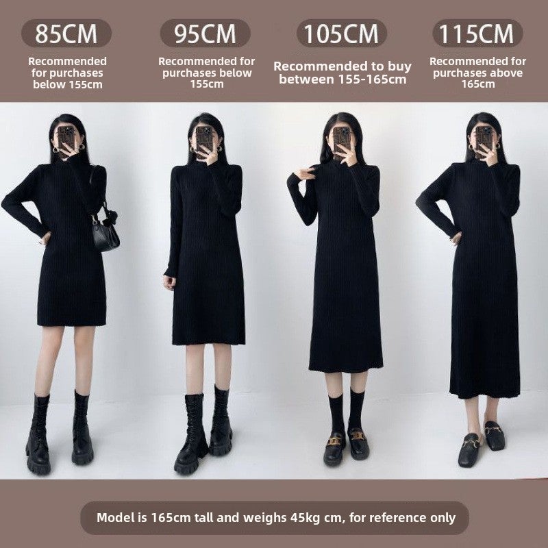 Knitted Base dress Womens Inner Wear Autumn and Winter 2024 New High Neck Mid-length Elegant Sweater Long Skirt Over the Knee The length of the garment is 115 suitable for 160cm. The height of the garment is black.