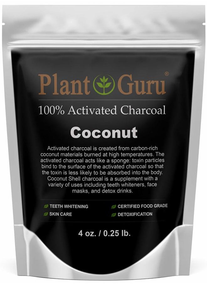 Plant Guru Activated Charcoal Powder 4 oz. COCONUT - Food Grade Kosher Non-GMO - Teeth Whitening, Facial Mask and Soap Making. Promotes Natural Detoxification and Helps Digestion  - Image 1