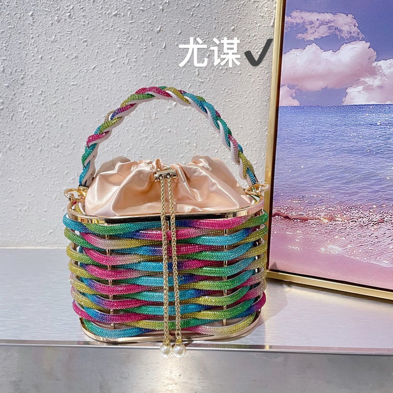 Metal Hollow Shiny Colorful Rhinestone Vegetable Basket Bird Cage Bag Banquet Diamond Bucket Bag Clutch Messenger Bag - Image 1