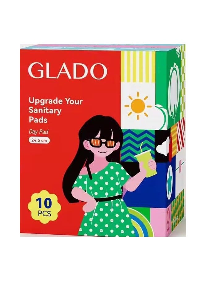 Glado 100% Organic Cotton Sanitary Napkins for School Girls & Teens, 10 Pcs (24.5cm) – Day Protection, Negative Ion, 3D Leak Guard, Normal Flow, Chlorine & Fragrance Free & Prevents Skin Irritation - Image 1