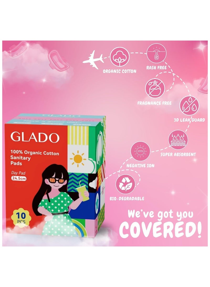 Glado 100% Organic Cotton Sanitary Napkins for School Girls & Teens, 10 Pcs (24.5cm) – Day Protection, Negative Ion, 3D Leak Guard, Normal Flow, Chlorine & Fragrance Free & Prevents Skin Irritation - Image 2