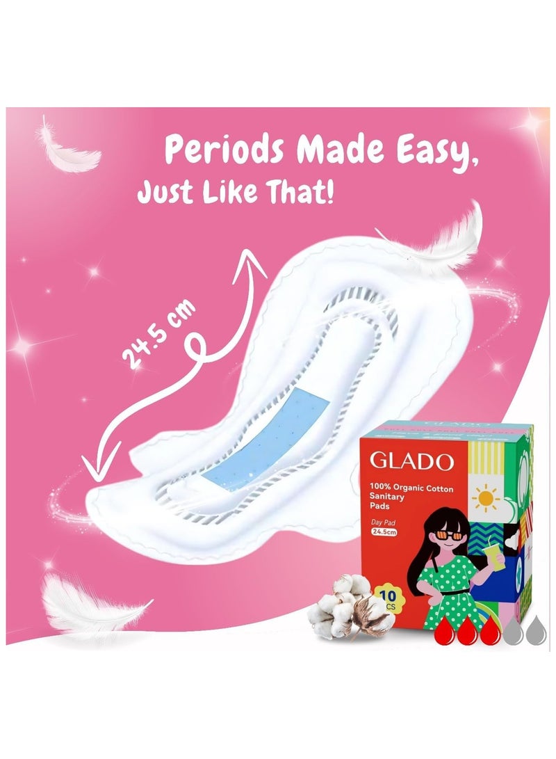 Glado 100% Organic Cotton Sanitary Napkins for School Girls & Teens, 10 Pcs (24.5cm) – Day Protection, Negative Ion, 3D Leak Guard, Normal Flow, Chlorine & Fragrance Free & Prevents Skin Irritation - Image 3