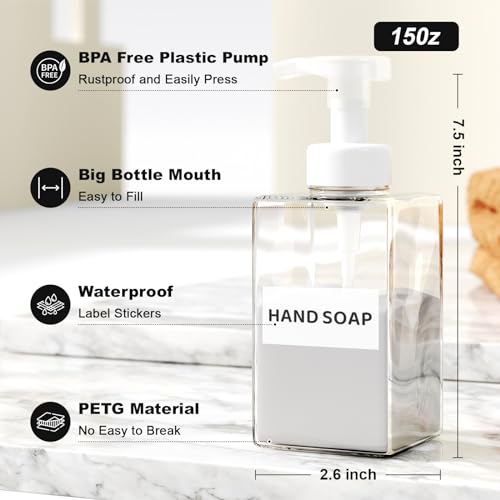 Kzeirm Foaming Soap Dispenser for Bathroom & Kitchen 15 Oz, Refillable Foam Hand Soap Dispenser for Liquid Soap, 2Pcs Foam Pump Bottle with Waterproof Labels, Clear - Image 2