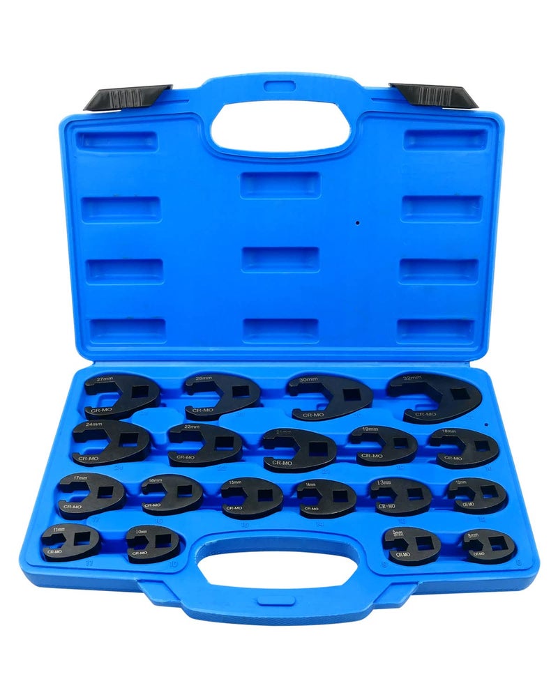 19 PCS 38 Inch and 12 Inch Crowfoot Flare Nut Wrench Set Metric 8 to 32mm Sizes Alloy Steel Crows Foot Wrench Set for Drive Ratchet Metric Tool with Organizer Box