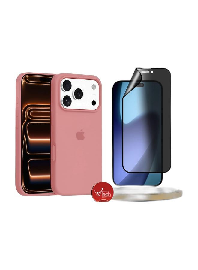 Wtech Apple iPhone 17 Pro Max 5G 2025 Luxury Premium Quality Liquid Silicone Case Cover (MCRPSN) - Dark Pink & Apple iPhone 17 Pro Max 5G 2025 Premium Nano Ceramic Privacy Full Glue Full Cover Matte Flexible Screen Protector (MSCNMP) - Clear/Black Bundle - Image 1