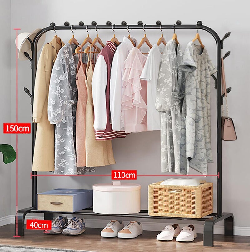 AYSIS Metal Single Garment Stand with Bottom Shelves Clothes Storage Organizer 4 Hooks Coat Rack (Black) - Image 2