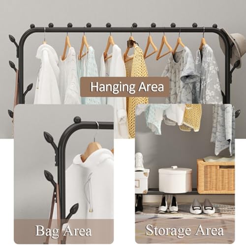 AYSIS Metal Single Garment Stand with Bottom Shelves Clothes Storage Organizer 4 Hooks Coat Rack (Black) - Image 3