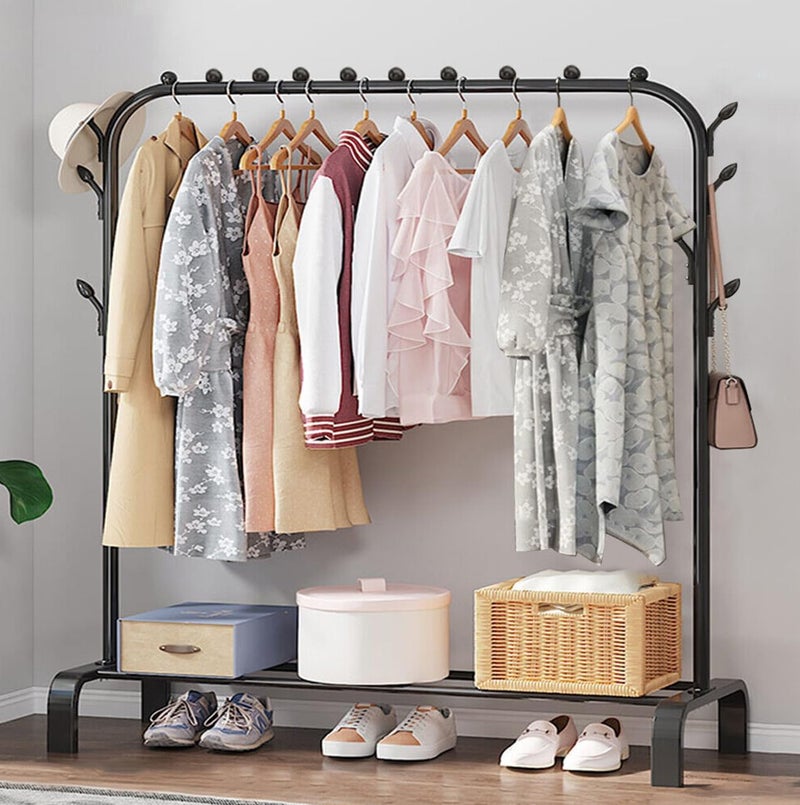 AYSIS Metal Single Garment Stand with Bottom Shelves Clothes Storage Organizer 4 Hooks Coat Rack (Black) - Image 1