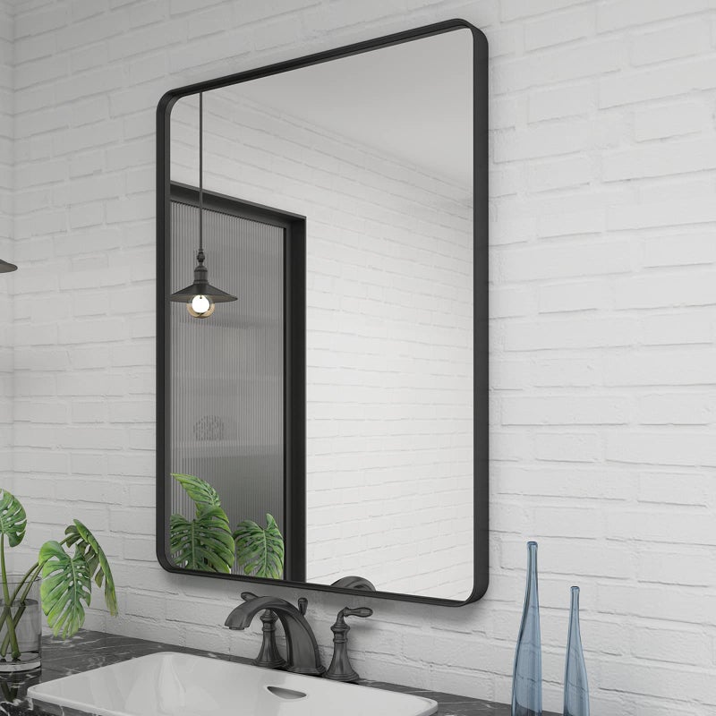 CHARMOR 24x36 Inch Black Framed Mirror for Wall Matte Black Bathroom Rectangle Mirror Rounded Corner AntiRust HorizontalVertical