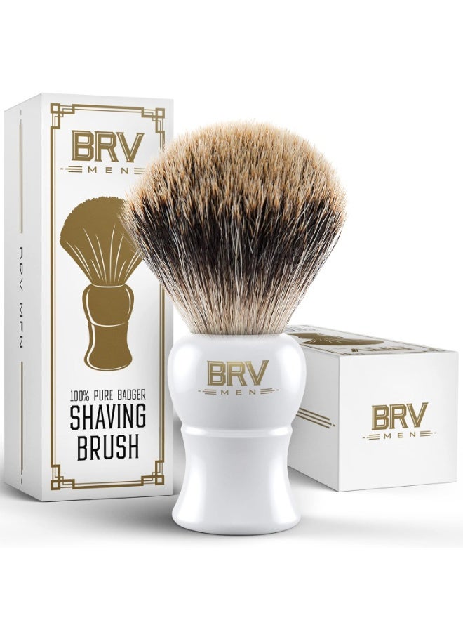 BRV MEN Pure Badger Shaving Brush LARGE (24mm knots) - Heavy Resin Handle - Use with Double-Edge Safety Razor, Straight Razor and Shaving Bowl - White - Image 1