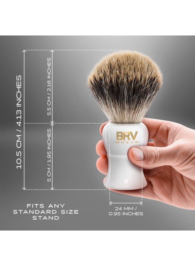 BRV MEN Pure Badger Shaving Brush LARGE (24mm knots) - Heavy Resin Handle - Use with Double-Edge Safety Razor, Straight Razor and Shaving Bowl - White - Image 2