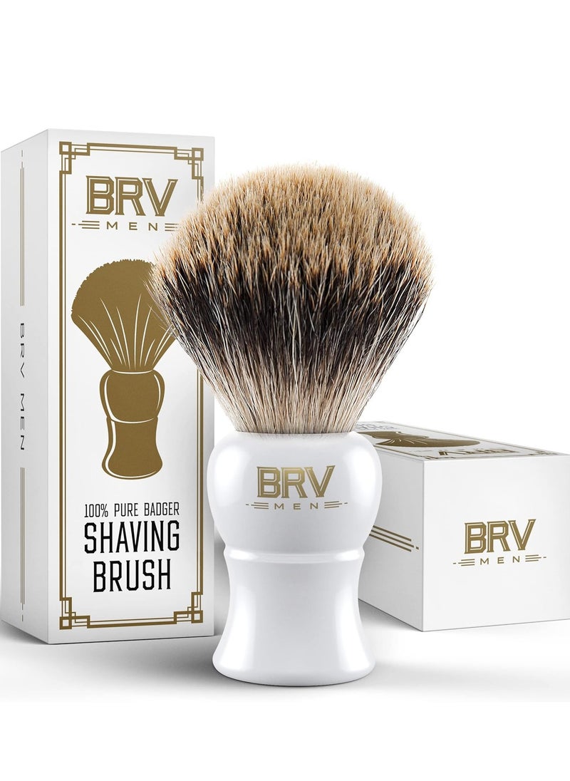 BRV MEN Pure Badger Shaving Brush LARGE (24mm knots) - Heavy Resin Handle - Use with Double-Edge Safety Razor, Straight Razor and Shaving Bowl - White  - Image 1