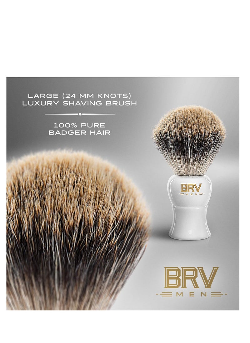BRV MEN Pure Badger Shaving Brush LARGE (24mm knots) - Heavy Resin Handle - Use with Double-Edge Safety Razor, Straight Razor and Shaving Bowl - White  - Image 2