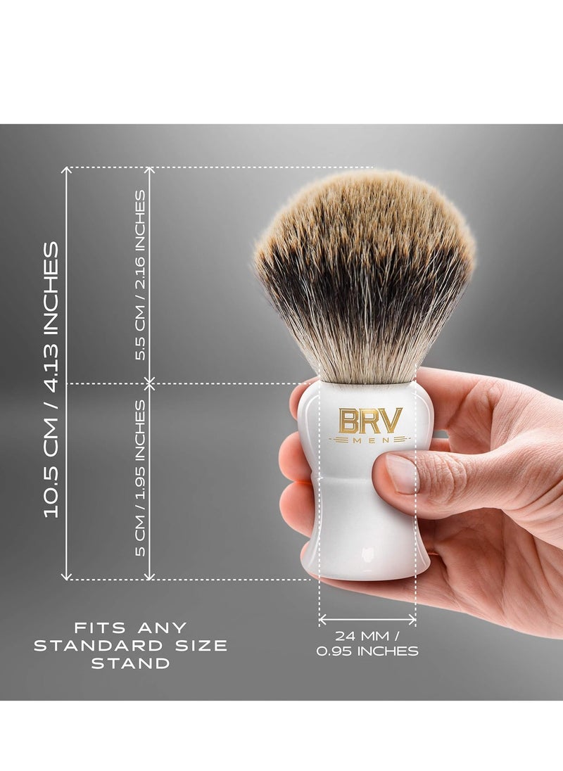 BRV MEN Pure Badger Shaving Brush LARGE (24mm knots) - Heavy Resin Handle - Use with Double-Edge Safety Razor, Straight Razor and Shaving Bowl - White  - Image 3