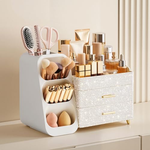 HBlife Makeup Organizer with Brush Holder for Vanity Large Plastic Bathroom Countertop Organizer Skin Care Storage Easy to Store Nail Polishes Perfumes Eyeshadow Palettes Pearl All White - Image 3