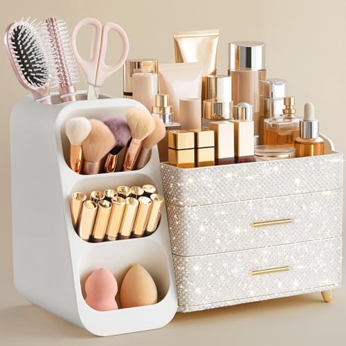 HBlife Makeup Organizer with Brush Holder for Vanity Large Plastic Bathroom Countertop Organizer Skin Care Storage Easy to Store Nail Polishes Perfumes Eyeshadow Palettes Pearl All White - Image 1