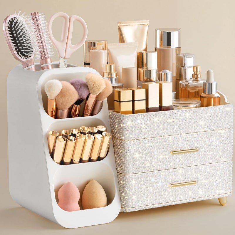 HBlife Makeup Organizer with Brush Holder for Vanity Large Plastic Bathroom Countertop Organizer Skin Care Storage Easy to Store Nail Polishes Perfumes Eyeshadow Palettes Pearl All White - Image 2